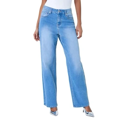 Image of Roman Originals Wide Leg Jeans for Women UK Ladies Denim Trousers Palazzo Pants Jeggings Stretchy Cotton Summer Winter Autumn Spring Smart Office Work Party Flattering Bottoms Blue Size 10