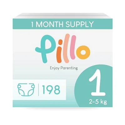 Image of Pillo Baby Nappy Size 1 Monthly Pack of 198 Nappies, 6 Packs 33 Diapers Newborn (2 5 kg / 4 11 lbs) Leak Protection for Sensitive Skin