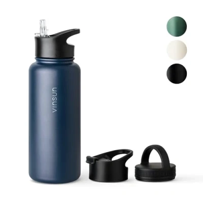 Image of VINSUN Stainless Steel Water Bottle 1L 3 Lids Leakproof, Carbonic Acid Suitable, BPA Free Lightweight Thermo for Sport, Outdoor, School, Office, Gym