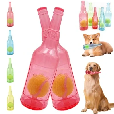 Image of LLELEMAMO Crunch Play bottle toy, Crunchnplay Toy for Dogs, 9.7&quot;/7.7&quot; Rubber water Dog Interesting Squeaky Toys, Outdoor Interactive Chew with Tennis Ball (2*Red,Small)