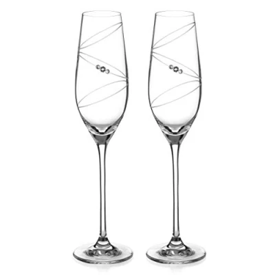 Image of DIAMANTE Swarovski Champagne Flutes Prosecco Glasses Pair with ‘Ring’ Hand Cut Design Embellished Crystals