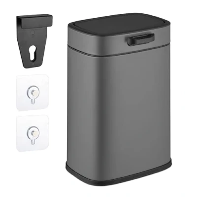 Image of Relaxdays Hanging Kitchen Waste Bin, Vol. 5 L, Rubbish Container with Lid, Plastic, Dustbin, HWD: 29 x 21 18 cm, Grey, 30% 70% Iron