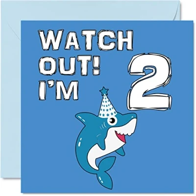 Image of 2nd Birthday Card Boy Shark Watch Out Happy 2 Year Old Boy, Boys Cards for Him, 145mm x Greeting Son Brother Grandson Nephew Cousin God Second
