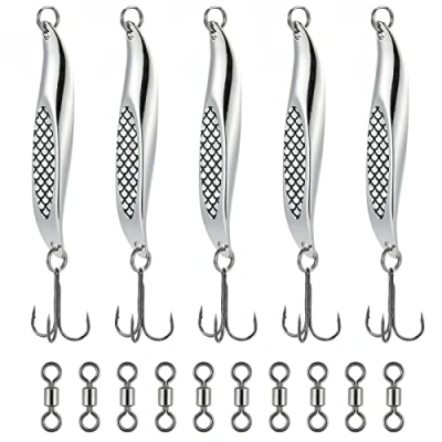 Image of Dr.Fish 5pcs Sea Fishing Spinners Dexter Wedge Lures Metal Jigs Spoon Treble Hook with 10 Swivels Casting for Bass Cod Mackerel Silver 6.5cm 21g