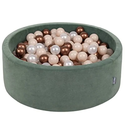 Image of KiddyMoon Soft Ball Pit Round 90X30cm/300 Balls ∅ 7Cm / 2.75In For Kids, Foam Velvet Pool Baby Playballs, Made In EU, Forest Green:Pastel Beige/Copper/Pearl