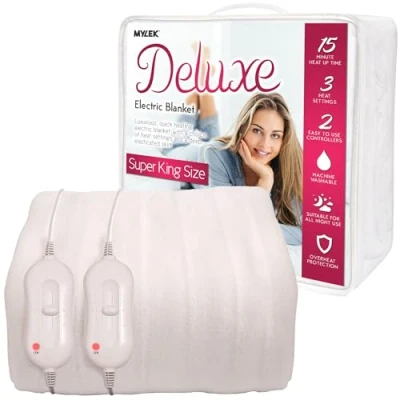 Image of Mylek Electric Blanket Super King Bed Fitted Heated Mattress Cover Dual Control with Elasticated Skirt Size 203 x 182cm 40cm Overheat Protection Fast Heat Up Machine Washable