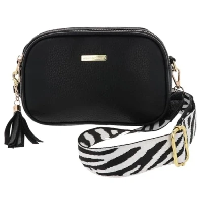 Image of Equilibrium Cross Body Shoulder Bag with Two Zips and Fun Animal Print Strap Design Tassel Black, Cream or Navy Gold Hardware (Black)