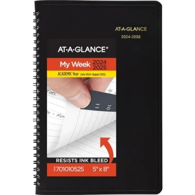 Image of AT A GLANCE 2024 2025 Academic Planner, Weekly, Hourly Appointment Book, 5&quot; x 8&quot;, Small, Pocket, Flexible Cover, Black (7010105)