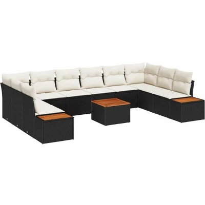 Image of vidaXL 11 Piece Garden Sofa Set with Cushions Black Poly Rattan Acacia