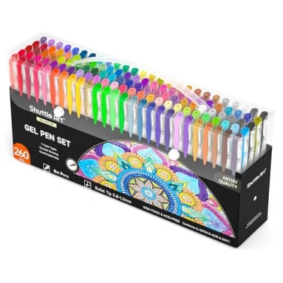 Image of Shuttle Art Gel Pens for Colouring, 260 Pack Set, 130 Assorted Colour plus Refills, Glitter Neon Pastel Metallic Pens, Ideal Adult Colouring Books, Doodling, Drawing, Writing