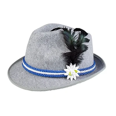 Image of Boland 54242 Trilby Oktoberfest Hat With Feather Bavarian Fancy Dress Accessory Grey