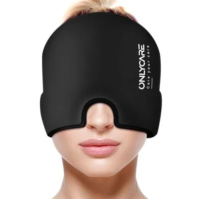 Image of ONLYCARE Migraine Relief Cap, Upgraded Odorless Headache 360 Gel Surround Ice Pack Mask for Migraine, Sinus, Stress, Frontal Headaches (Black)