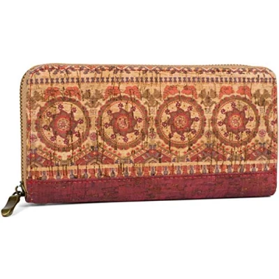 Image of styleBREAKER Women&#039;s Cork Wallet with Colourful Pattern Print in Ethnic Look, Zipper, 02040138, Colour:Burgundy Red Beige