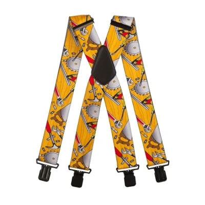 Image of Olata Heavy Duty Tool Pattern Braces/Suspenders (Yellow) 5cm. X Shape. Black Clips