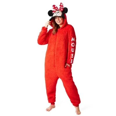 Image of Disney Stitch Fleece Onesie for Adults Teenagers Hooded Cosy Lounge Wear Fluffy Nightwear Gifts Her (Red Minnie, L)