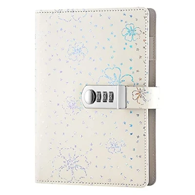 Image of NectaRoy PU Leather Password Notebook Writing Journal Diary with Combination Lock, Flower and Star Pattern, Wire Binding Lined Notepad Personal Sketchbook Pen Holder, 210x145mm