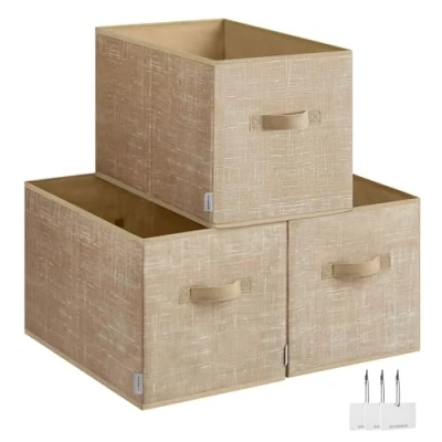 Image of SONGMICS Storage Box Set of 3 Foldable Fabric Boxes 50 x 30 cm for Wardrobe 2 Handles Label Bedroom Living Room Sand Beige ROB450K01