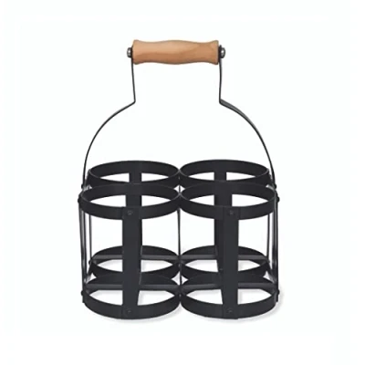 Image of Garden Trading Original Milk Bottle Holder For 4 Bottles Crafted in Blacked Powder Coated Steel &amp; a Beech Handle H24 X W17 D18cm Designed To Fit Standard 1 Pint Glass Only
