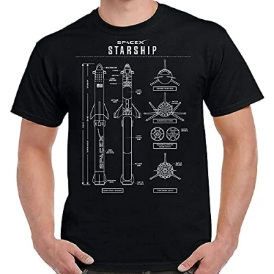 Image of Haben Spacex Starship Blueprint T Shirt Graphic Tee Printed Top Mens Black M