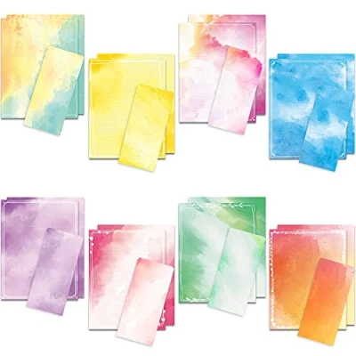 Image of Watercolor Stationery Paper 48 Pieces (Lined) and Self Sealing Envelope 24 Pc Set, 8.5“ x 11&quot; US Stationary Size, 24lb/100gsm Heavy Weight Letter Writing 8 Bright Color