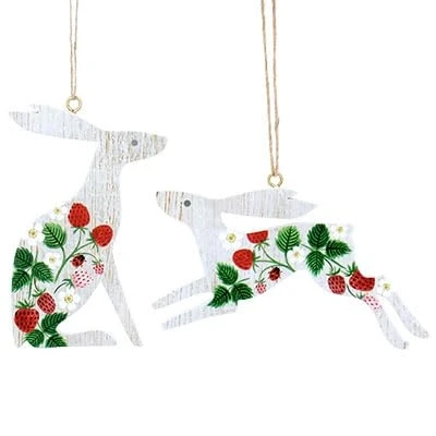 Image of Gisela Graham Strawberries White Wooden Hare Easter Decorations set of two
