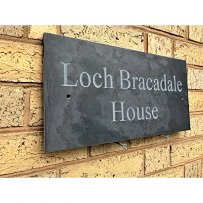 Image of Slate House Sign 400 x 200mm Number Plaque Personalised Sign, Engraved Not Lasered, Shipped Next Working Day. Lettering Unpainted, Dark Grey