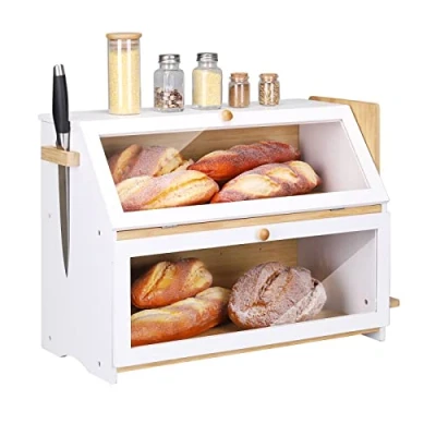 Image of Leader Accessories Double Decker Bamboo Bread Bin 2 Layer Box Large Capacity Storage for Kitchen 19.7&quot;x9.8&quot;x14.5&quot; White