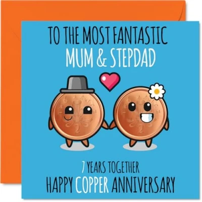 Image of Cute Copper Anniversary Card for Mum &amp; Step Dad 7 Years Together Happy 7th Wedding Cards Mum, 145mm x Greeting Seventh Anniversaries
