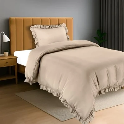 Image of Utopia Bedding Ruffle Duvet Cover Single Set with Pillowcase Soft Microfibre Polyester (Beige)