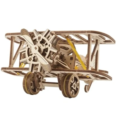 Image of UGEARS Mini Biplane 3D Wooden Puzzle Mechanical Model Airplane Kit for Adults Jigsaw Aircraft Toy with Rubber Band Motor DIY Brain Teaser Puzzles Construction Set Kids