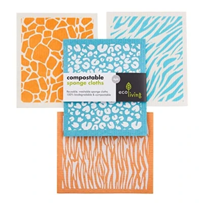 Image of ecoLiving Compostable Sponge Cleaning Cloths Dishcloth Eco Friendly &amp; Sustainable Biodegradable Cellulose Kitchen Cloth (Animal Print)