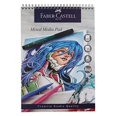 Image of Faber Castell Creative Studio Mixed Media Pad, A3, Spiral Bound Paper, 250 GSM, 30 Sheets, for All Media, Acrylic, Watercolour Paint and Pencils, Pastel, Charcoal, Graphite, Art, Craft, Home, School