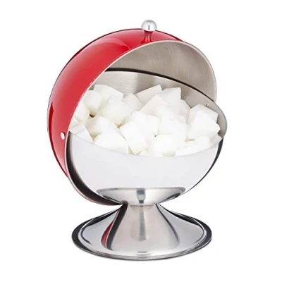 Image of Relaxdays Sugar Bowl, with Rolling Lid, Shiny Stainless Steel, for Sweets, Candy Holder, Decorative, Tin Container, Red