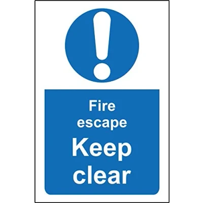 Image of Fire escape keep clear safety sign Self adhesive sticker 300mm x 200mm