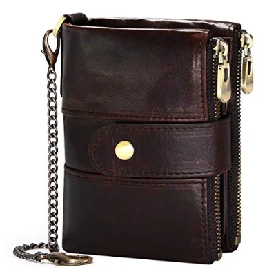 Image of QUEAMBLER Mens Wallet RFID Blocking Soft Genuine Leather Gents with Chain, Double Zipper Men Wallets Coin Pocket Small Bifold 16 Card Holder (Coffee)