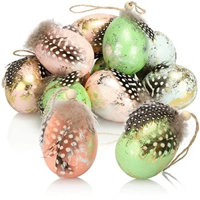 Image of com four® 12x Easter Eggs to Hang Up Decoration in Quail Egg Optics and Pastel Colours Decorative with Ribbon Feather