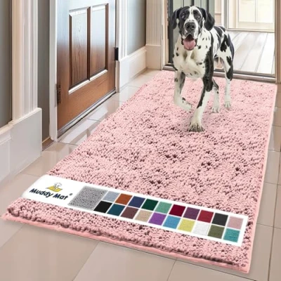 Image of Muddy Mat® Original Dog Door Mat for Paws, Super Absorbent Microfiber, Non Slip Washable Pet Rug, Quick Dry Chenille Entryway Carpet, Machine Indoor Outdoor mat, Pink 24"x60"