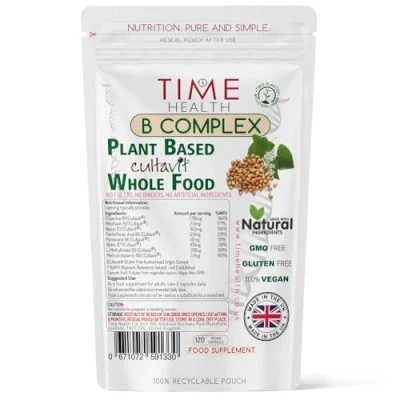 Image of Vitamin B Complex Whole Food &amp; Plant Derived Natural, Non Synthetic Vitamins Highly Bioavailable Methylated B9 B12 Cultavit® Zero Additives UK Made Pullulan (120 Capsule Pouch)