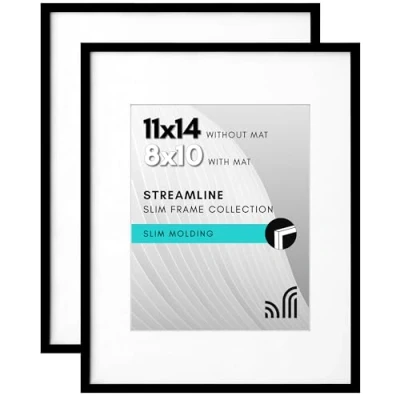 Image of Americanflat 11x14 Picture Frame in Black Set of 2 Thin Border 8x10 with Mat and Without Horizontal Vertical Formats for Wall Tabletop
