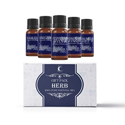 Image of Mystic Moments Herb Essential Oil Gift Starter Pack 5x10ml Basil, Oregano, Peppermint Arvensis, Rosemary Spanish, Thyme White Perfect as a
