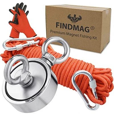 Image of FINDMAG Super Strong Fishing Magnets, 1000 lb(453 kg) Pulling Force Double Sided Magnet Kit with Rope, for Retrieving Items in River, Lake, Beach, Lawn 2.95&quot; Diameter