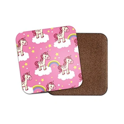 Image of 1 x Cute Pink Unicorns Coaster Rainbow Clouds Ponies Horse Kids Girl #15341