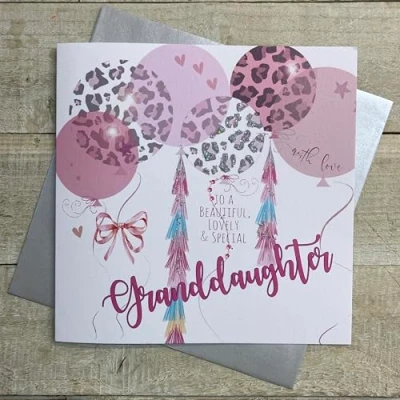 Image of WHITE COTTON CARDS GRANDDAUGHTER LEOPARD PRINT BALLOON LARGE BIRTHDAY CARD, HAND FINISHED (XS272 GD)