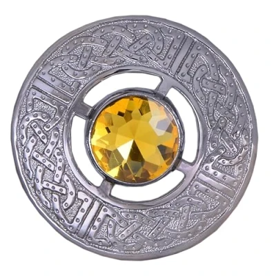 Image of Scottish Kilt Plaid Brooch Thistle Crest Silver Finish Celtic Knot Brooches &amp; Pin Ladies Scarf, Tartan Sash, Shawl 8cm (Golden Stone)