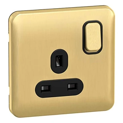 Image of Schneider Electric Lisse Screwless Deco Switched Single Power Socket, 13A, Pole, GGBL3010BSB, Satin Brass with Black Insert