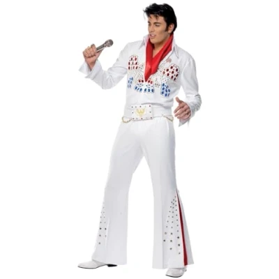 Image of Smiffys Elvis American Eagle Costume in White for Adults, Jumpsuit, Belt, and Scarf, Officially Licensed, Sequin Detail Red Insert, Perfect Music Themed Fancy Dress