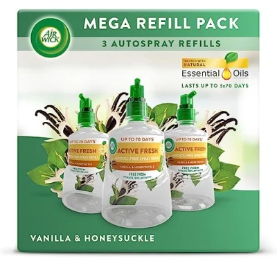 Image of Air Wick Aerosol Free Automatic freshener Spray Refill Bundle, Vanilla &amp; Honey Suckle, Pack 3 x 228ml, 24x7 Active Fresh Odour Neutraliser, Lasts Up to 210 Days, For Home