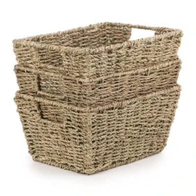 Image of Woodluv Seagrass Storage Baskets, Display Hampers, Set of 3 Hand Woven, Wicker Baskets for Shelves, W/Handles Bedroom &amp; Home Office
