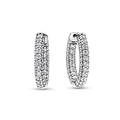 Image of Pandora Timeless Pavé Single Row Hoop Earrings Sterling Silver with Cubic Zirconia for Women Gift Her No Box