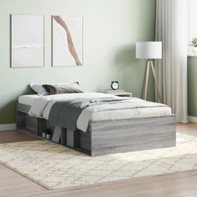 Image of vidaXL Single Bed Grey Sonoma Engineered Wood Frame with Solid Pinewood Base and Plywood Slats 90x190 cm Mattress Compatible Storage